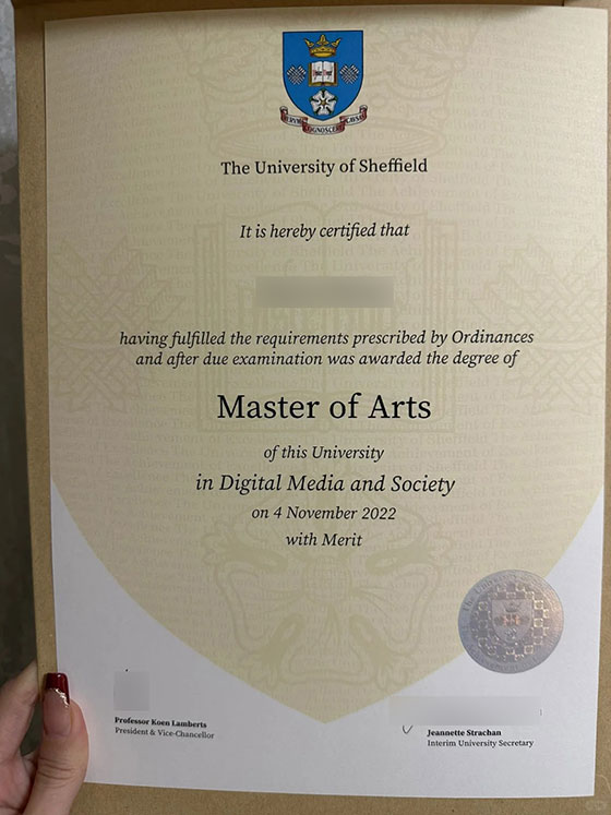 Sample of an MA degree from the University of Sheffield in 2022