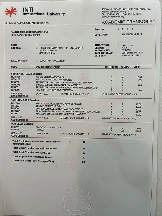 (INTI international university Transcript Sample 2022)