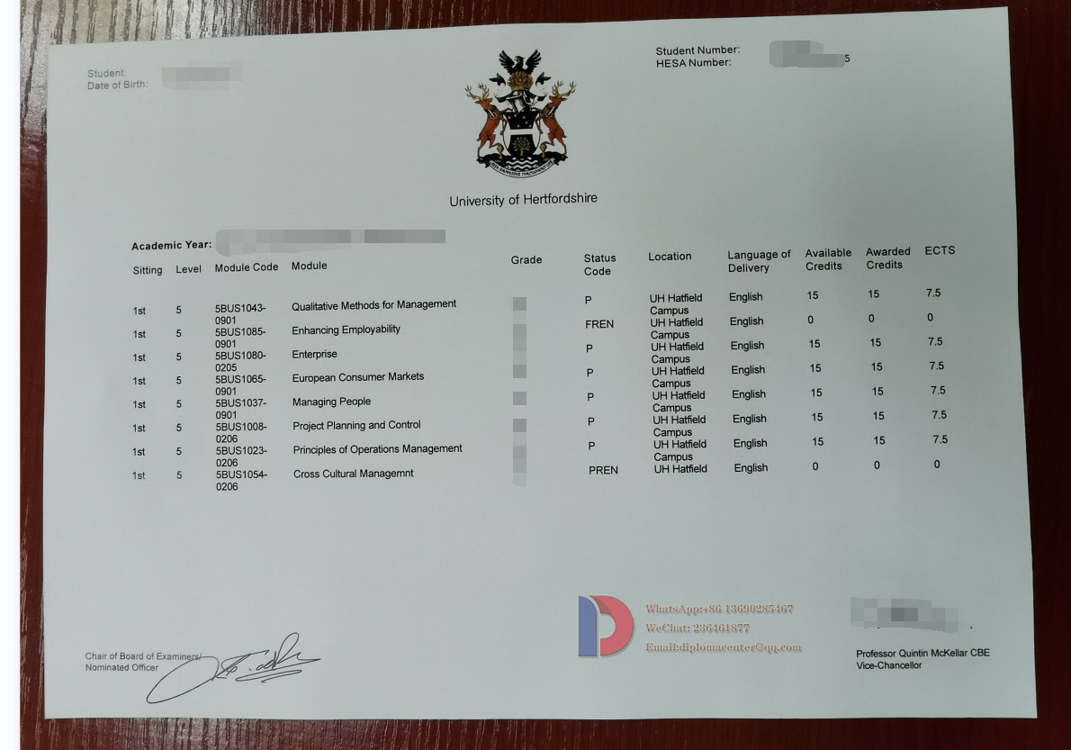 University of Hertfordshire Transcript Sample