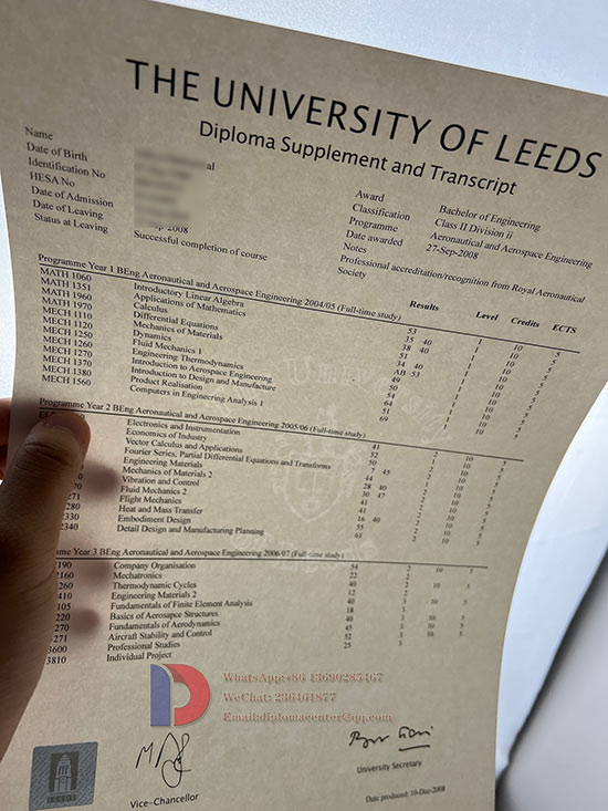 Samples case of transcript from the University of Leeds