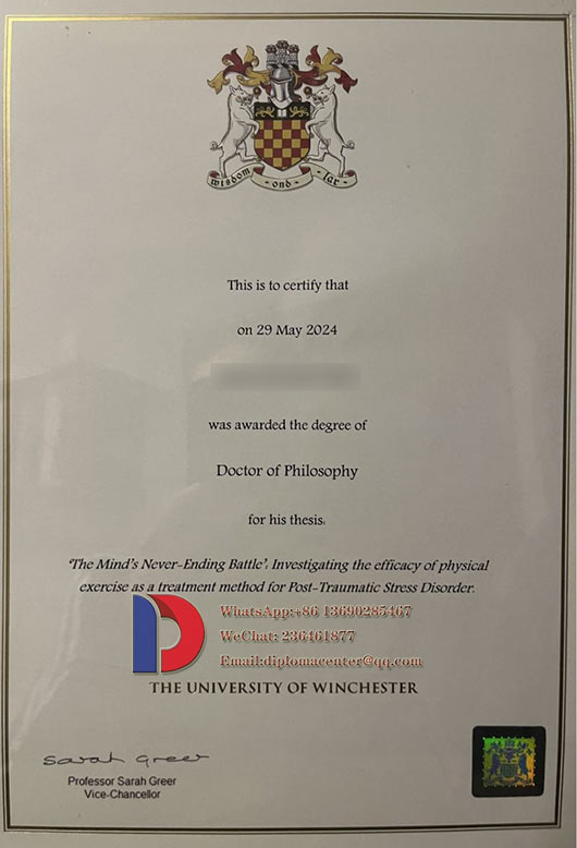 Sample of the University of Winchester degree certificates in 2024