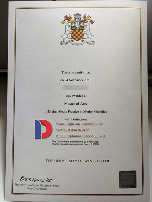 Sample of the University of Winchester degree certificate in 2021
