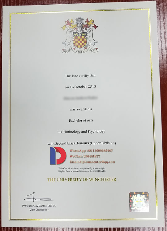 Sample of the University of Winchester degree certificate in 2018