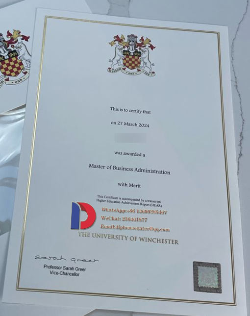 Sample of the University of Winchester degree certificate in 2024