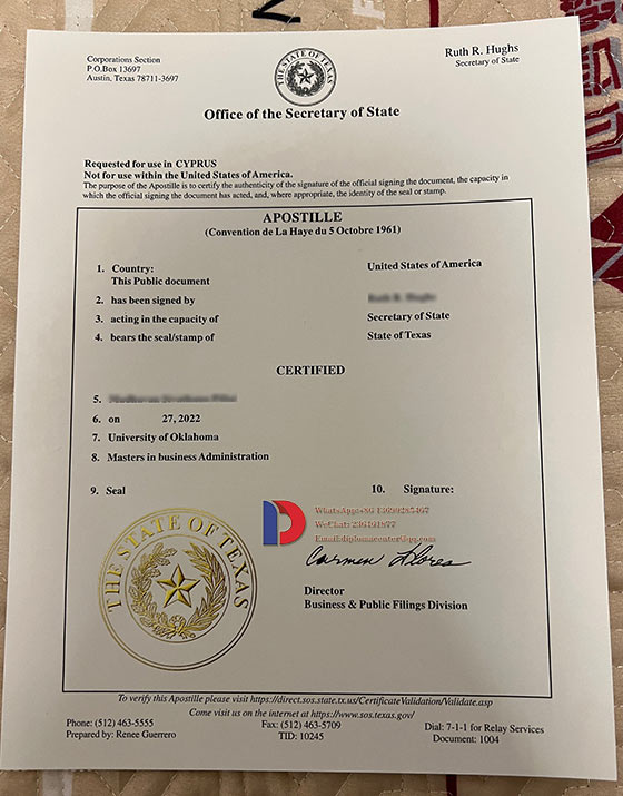 Sample of Apostille Certificate from Texas