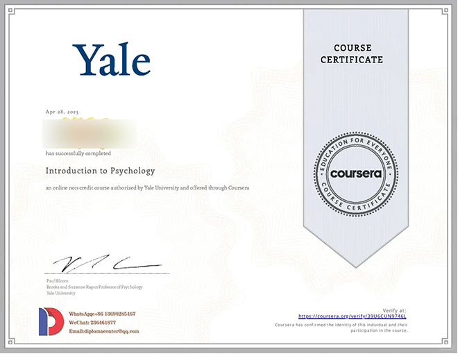 2023 Yale University Psychology Certificate Sample