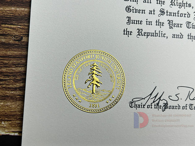 Samples of the Stanford University degree embossing and stamping process
