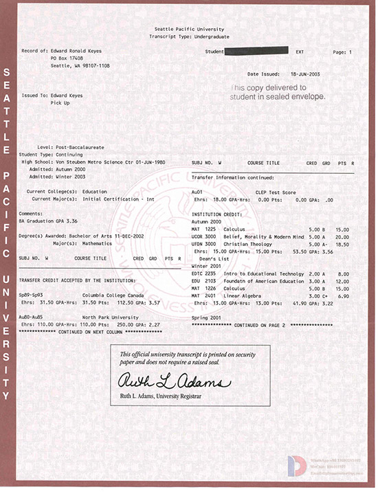 Sample Case of Pacific University Transcript