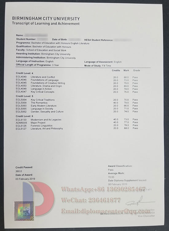 Sample Birmingham City University degree and transcript