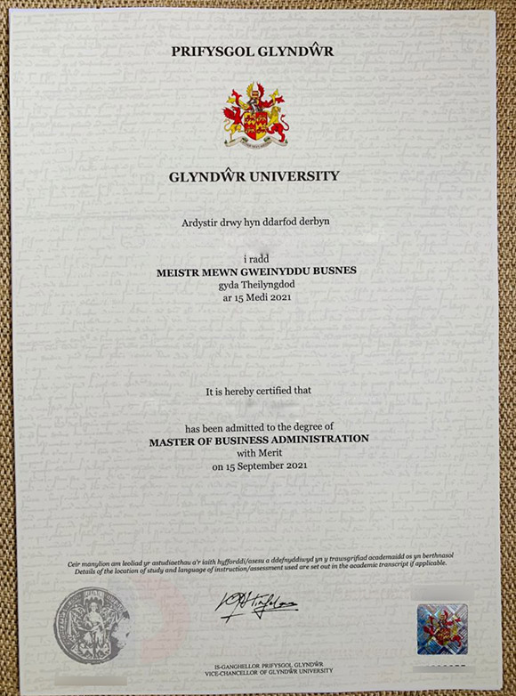 Sample of the Master's Degree in Business Administration from Wrexham University in 2021