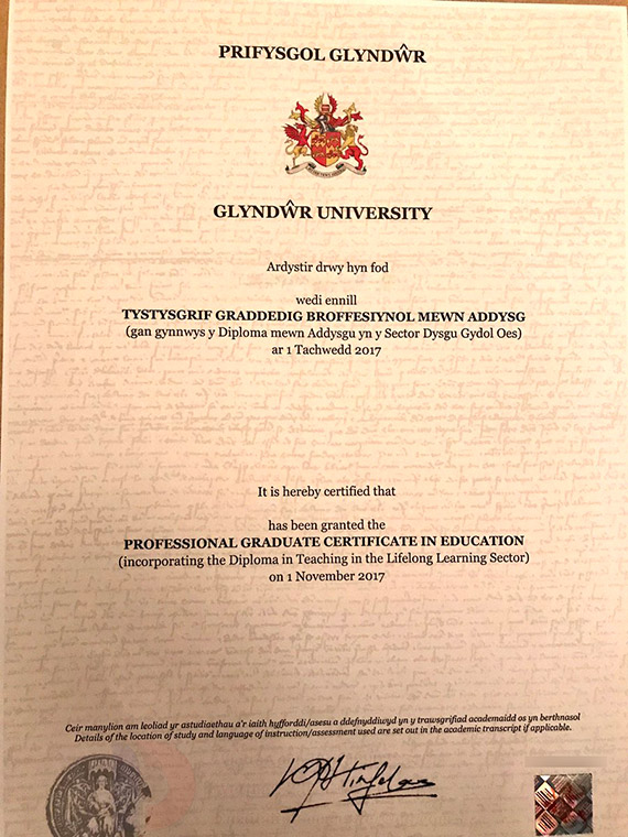 2017 Graduate Certificate in Engineering Education from Wrexham University