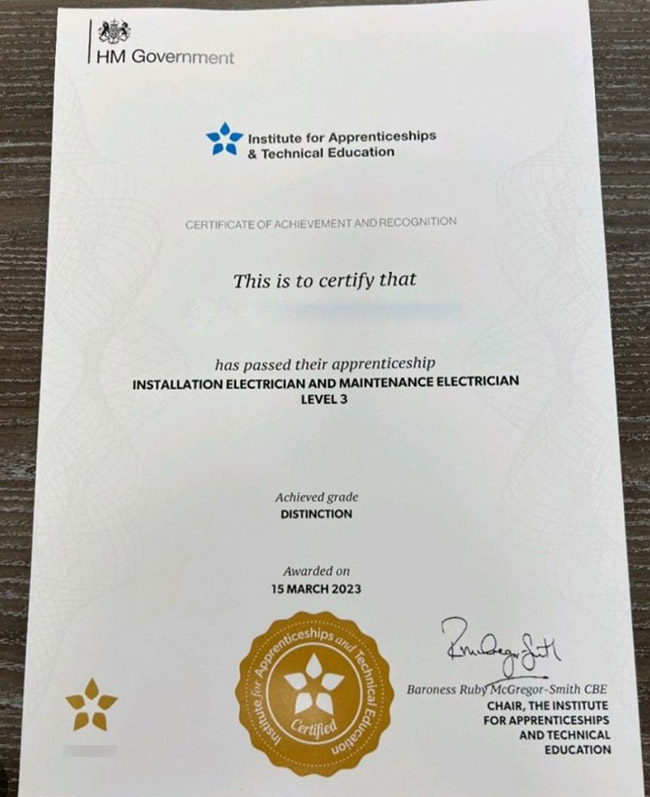2023 Electrical Installation and Maintenance Level 3 Certificate Sample
