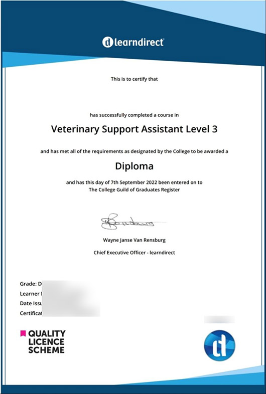 2022 Level 3 Veterinary Support Assistant Position Certificate of Learn Direct