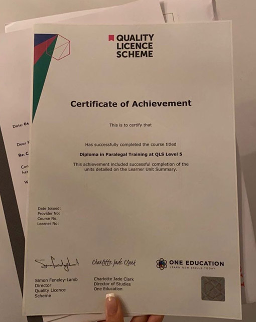 SAMPLE OF LEVEL 5 CERTIFICATE FOR LAW ASSISTANT IN QUALITY LICENCE PROGRAMME