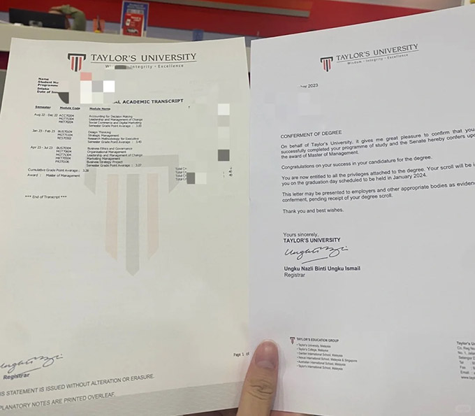 2023 Taylor's University Transcript Sample