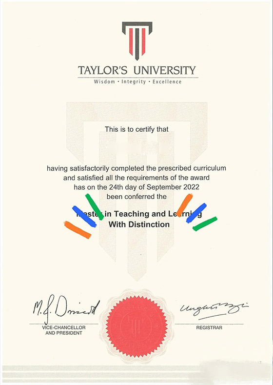 Taylor's University Certificate Sample — 2022