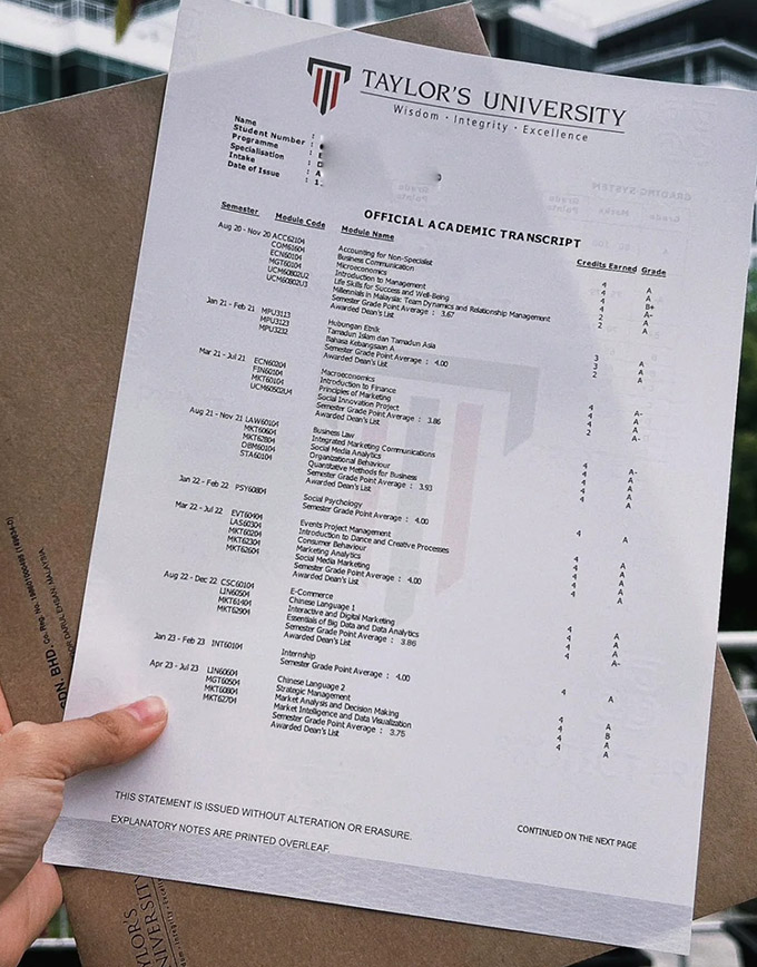 2023 Taylor's University Transcript Samples