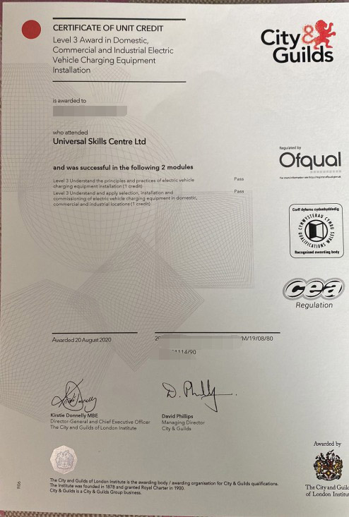 City and Guilds Electric Vehicle Installation and Charging Level 3 Certificate Sample