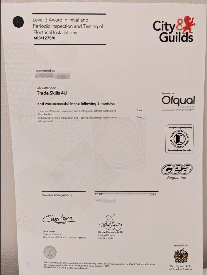 City and Guilds Electrical Installation Level 3 Certificate Sample