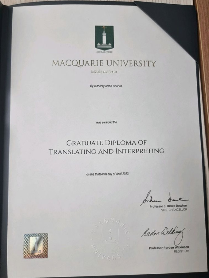 2023 Graduation Diploma Sample of the Translation and Interpretation Program at Macquarie University