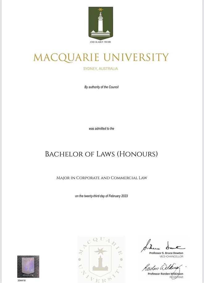 Sample of Bachelor of Laws Degree from Macquarie University in 2023