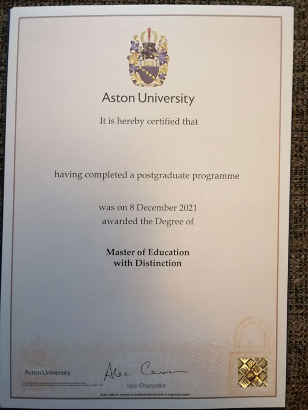 Sample of the Master's Degree in Education from Aston University in 2021