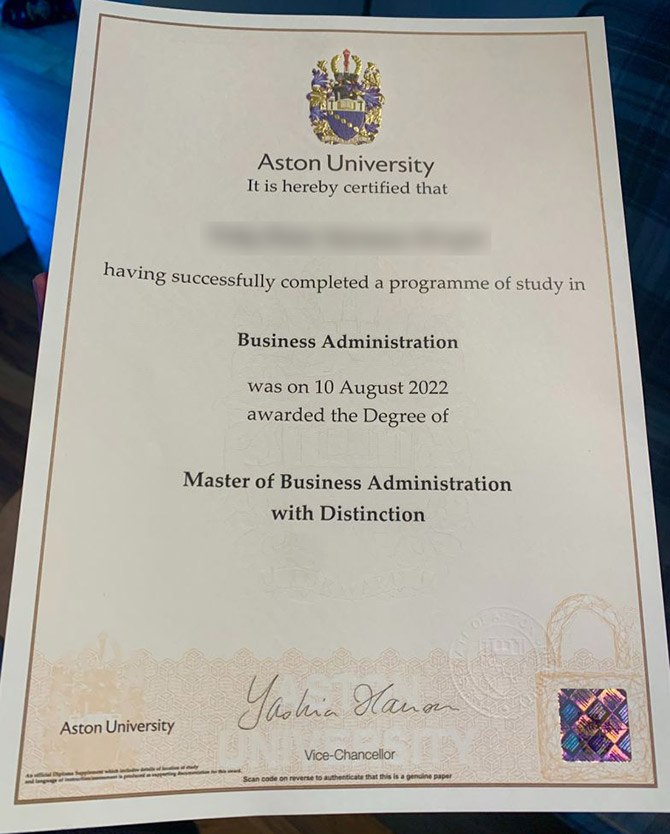 Sample of the Bachelor of Business Administration Degree from Aston University in 2022