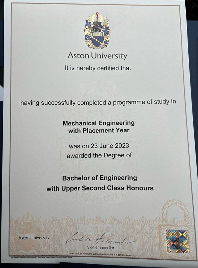 Aston University 2023 Mechanical Engineering Degree Sample