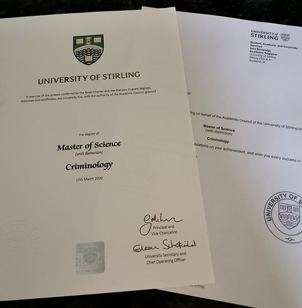 Sample of the Master of Science degree from the University of Stirling in 2020