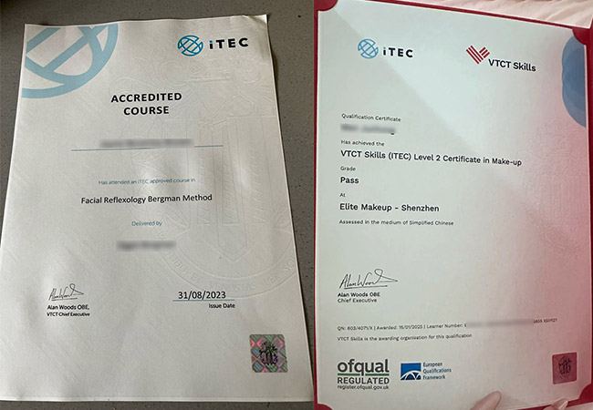 VTCT (ITEC) certificate samples