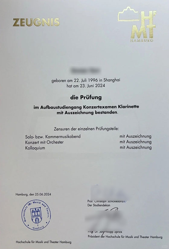 Hamburg University of Music and Drama certificate Sample