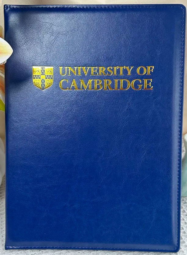 The blue leather cover of the Cambridge University certificate