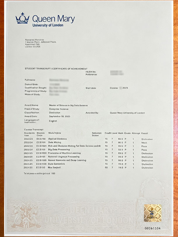 Sample of academic transcript from Queen Mary University of London